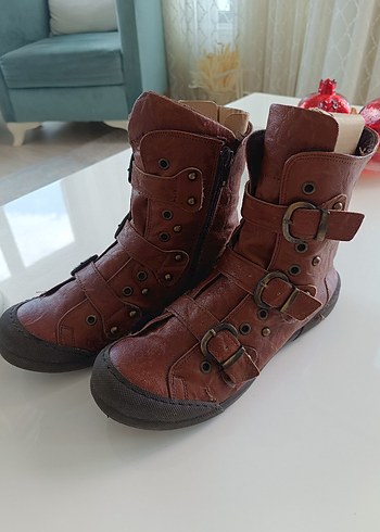 Kahverengi Deri Kadın Bot, Toka Detaylı, Dolgu Topuk - Görsel 6