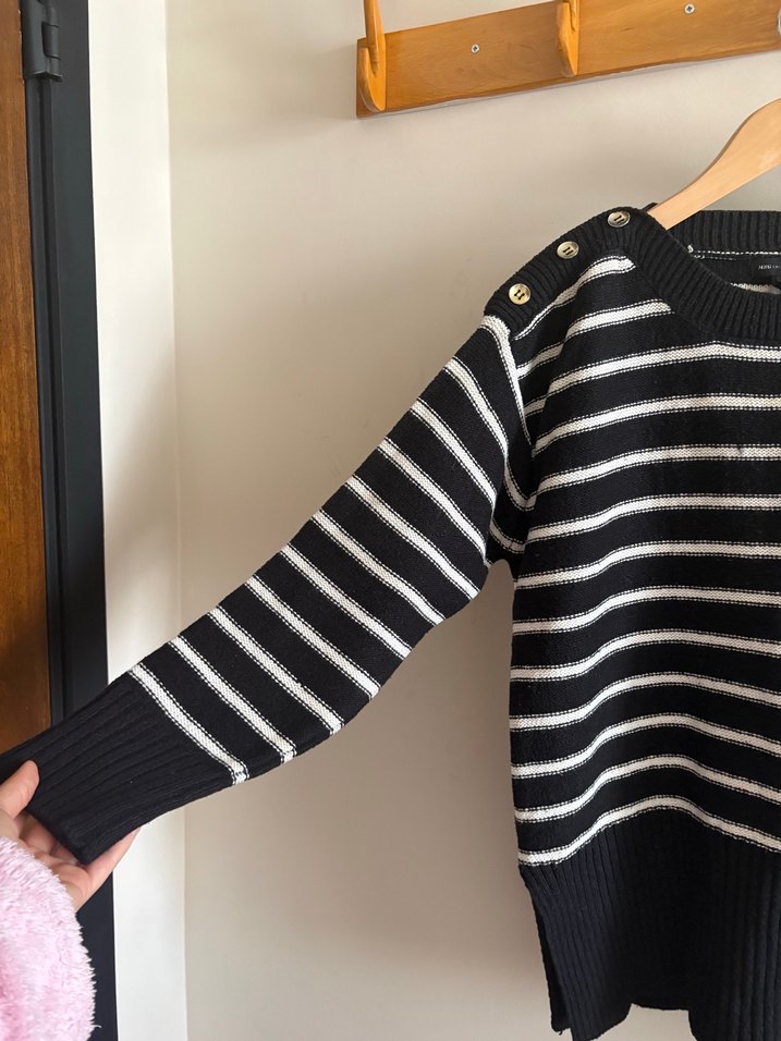 Düğmeli Siyah beyaz Çizgili mango Kadın Kazak - Görsel 2