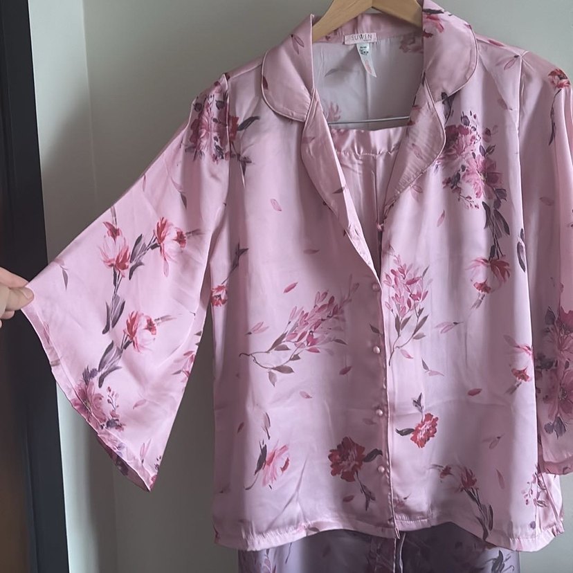 Uzun Pudra Pembe çiçek desenli pijama takımı - Görsel 3