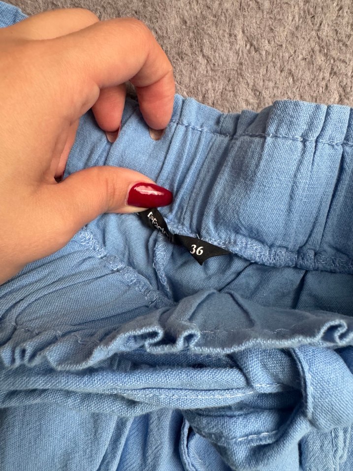 Mavi Keten Kemerli Şort - Görsel 3