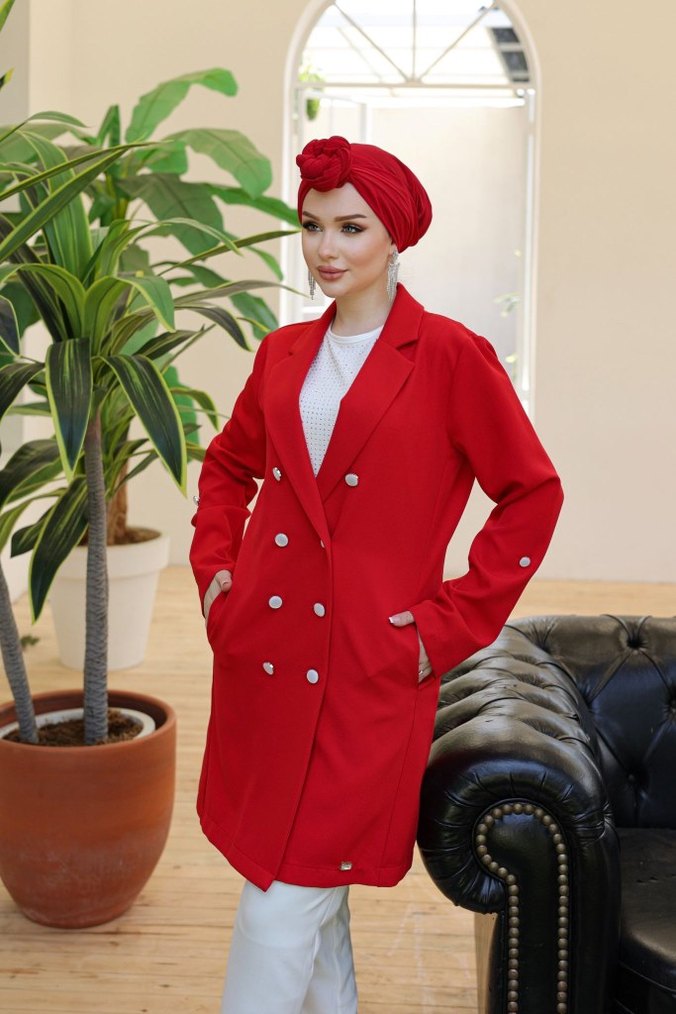 Düğmeli Uzun Kadın Ceket - Görsel 5