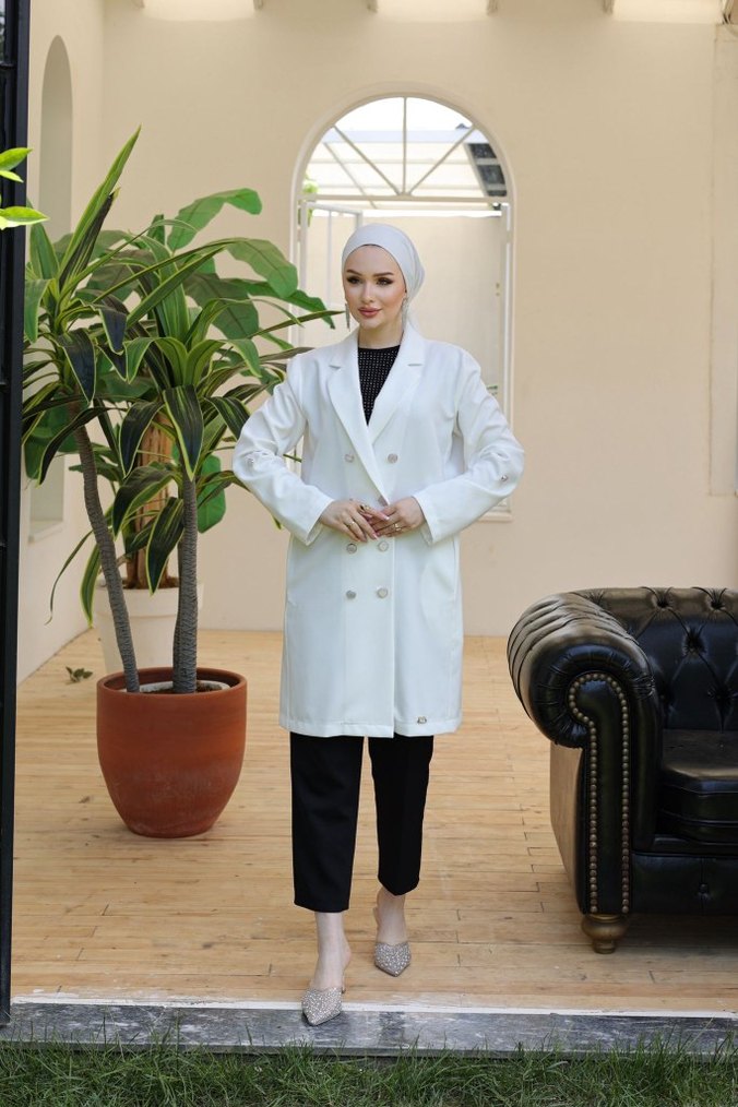 Düğmeli Kadın Uzun Ceket - Görsel 4