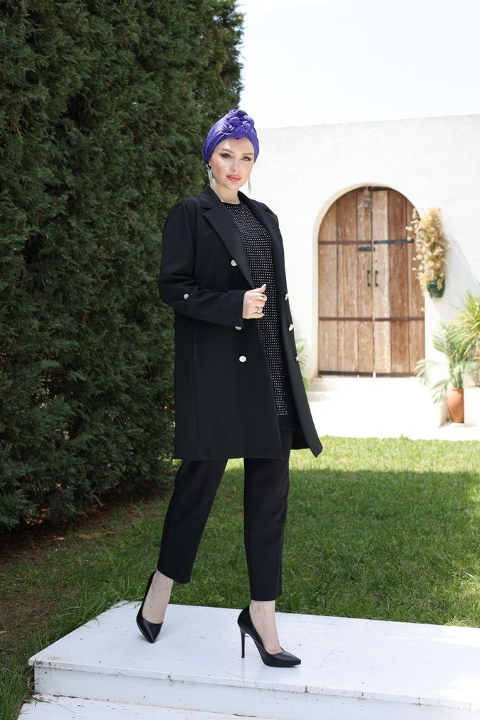 Kadın Düğmeli Uzun Ceket - Görsel 3