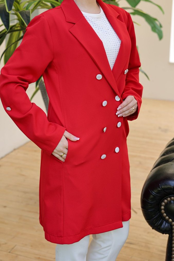 Kadın Düğmeli Uzun Ceket - Görsel 5
