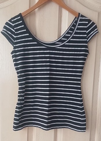 Çizgili siyah Pamuklu V Yaka Tişört - Görsel 2