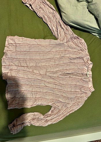 Bohem Stil Uzun Kollu Çizgili Pembe Gömlek