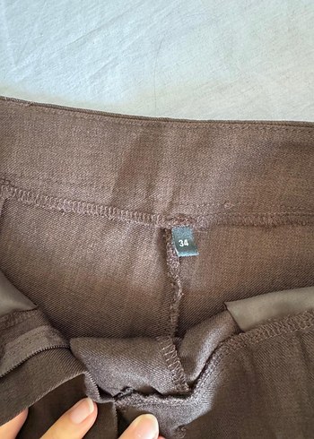34 Beden Kahverengi Wide Leg/Geniş Paça Pilili Dokuma Kumaş Pantolon