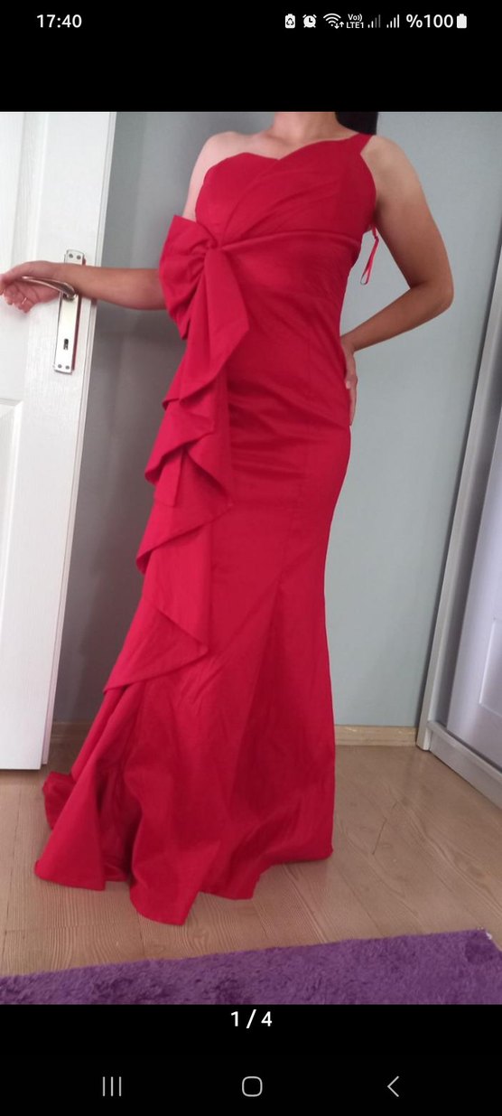 Kırmızı Drapeli Uzun Straplez Abiye Elbise - Görsel 2