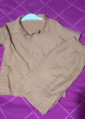 Düğmeli Kısa Kollu Bej Keten cocuk Gömlek sort takım - Görsel 2