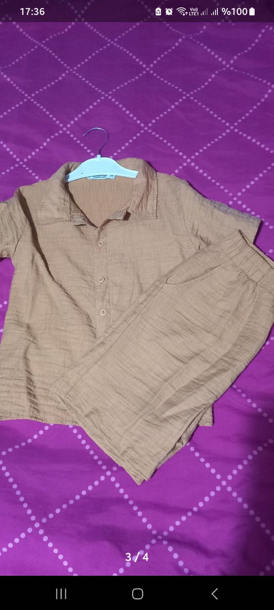 Düğmeli Kısa Kollu Bej Keten cocuk Gömlek sort takım - Görsel 2