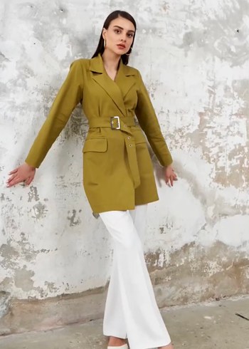 Kadın Kemerli Kısa Bej keten blazer ceket - Görsel 2