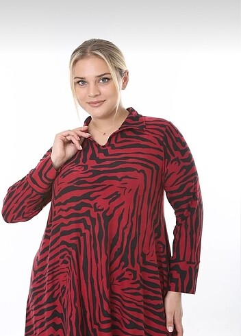 48 Beden kırmızı Renk Kırmızı Zebra Desenli Büyük Beden Elbise