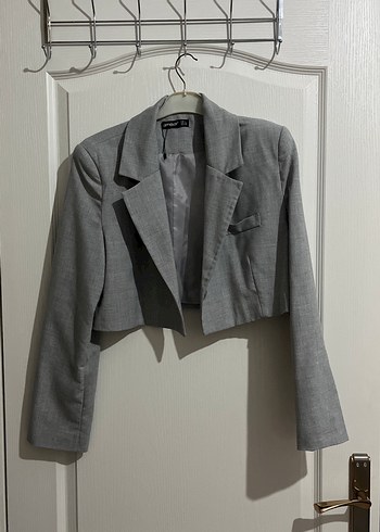 Gri Keten Kadın Mini Blazer Ceket