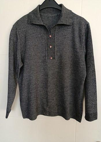 Gri Düğmeli Yün Kadın Kazak - Görsel 2