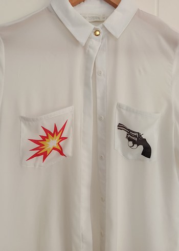 Düğmeli, Uzun Kollu Beyaz Baskılı Kadın Gömlek - Görsel 3