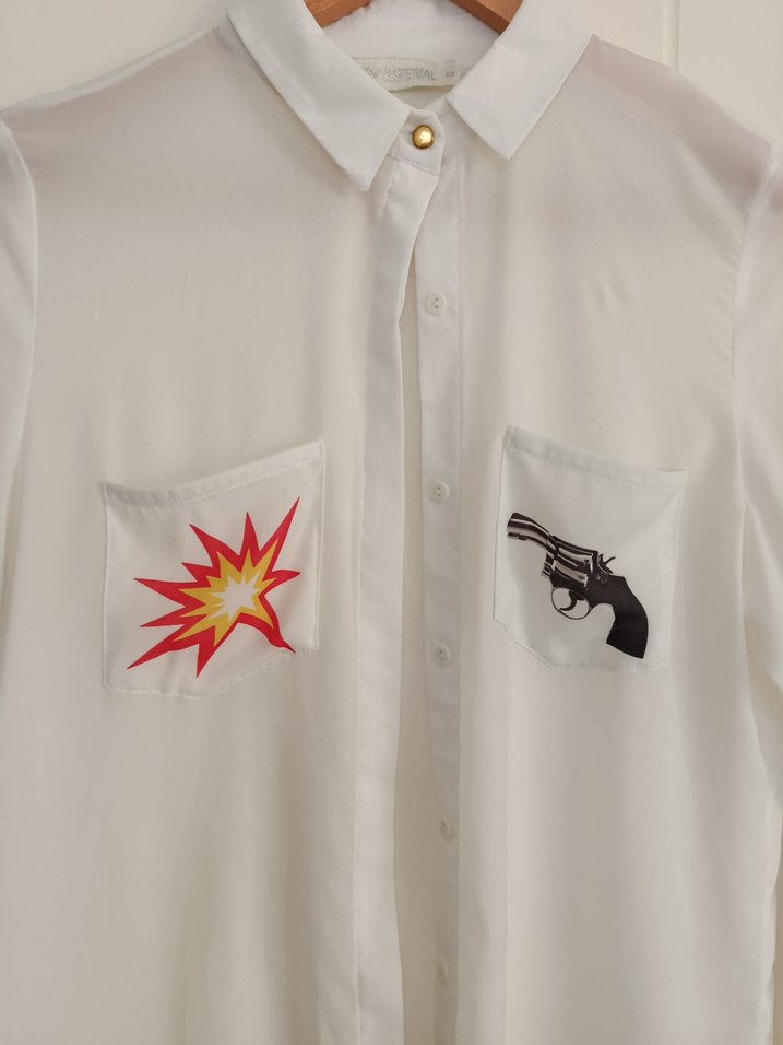 Düğmeli, Uzun Kollu Beyaz Baskılı Kadın Gömlek - Görsel 3