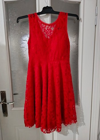 Kırmızı Dantelli V Yaka Midi Elbise - Görsel 3