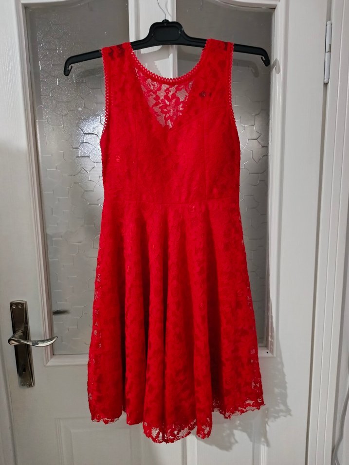 Kırmızı Dantelli V Yaka Midi Elbise - Görsel 3