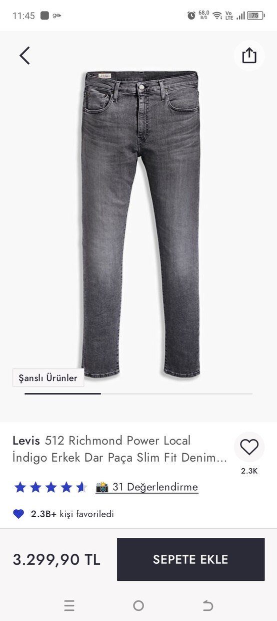 Levis 512 Richmond Power Local Erkek Gri Kot Pantolon, 30/32 - Görsel 2