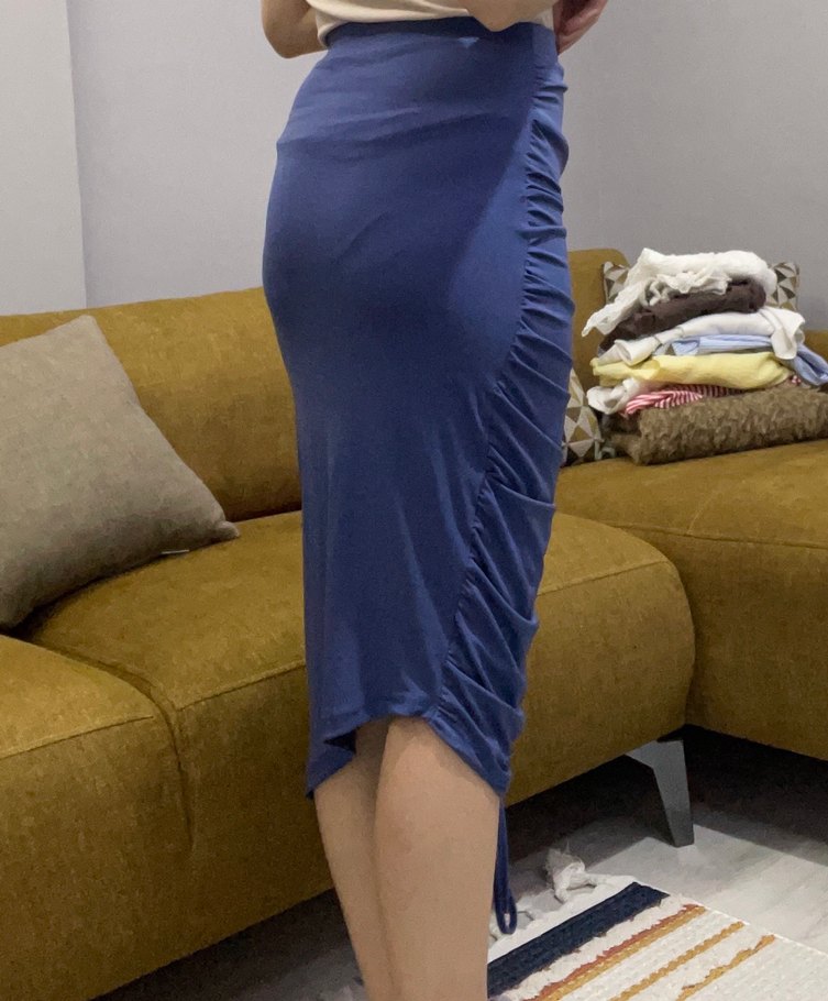 Lacivert Drapeli Midi Kalem Etek - Görsel 2