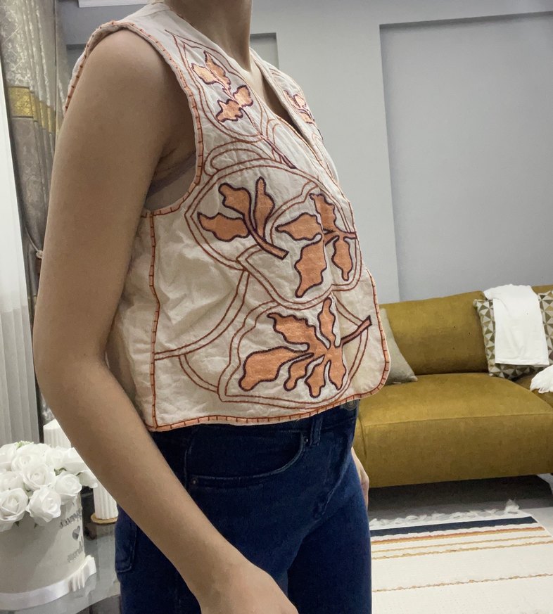 Nakışlı Bej Bohem Kadın Yelek - Görsel 2