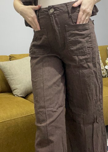 Düğmeli Kahverengi Keten Midi Yelek pantolon takım - Görsel 5