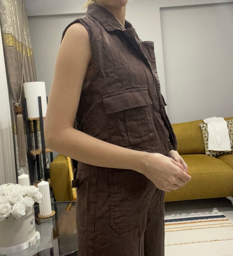 Düğmeli Kahverengi Keten Midi Yelek pantolon takım - Görsel 3