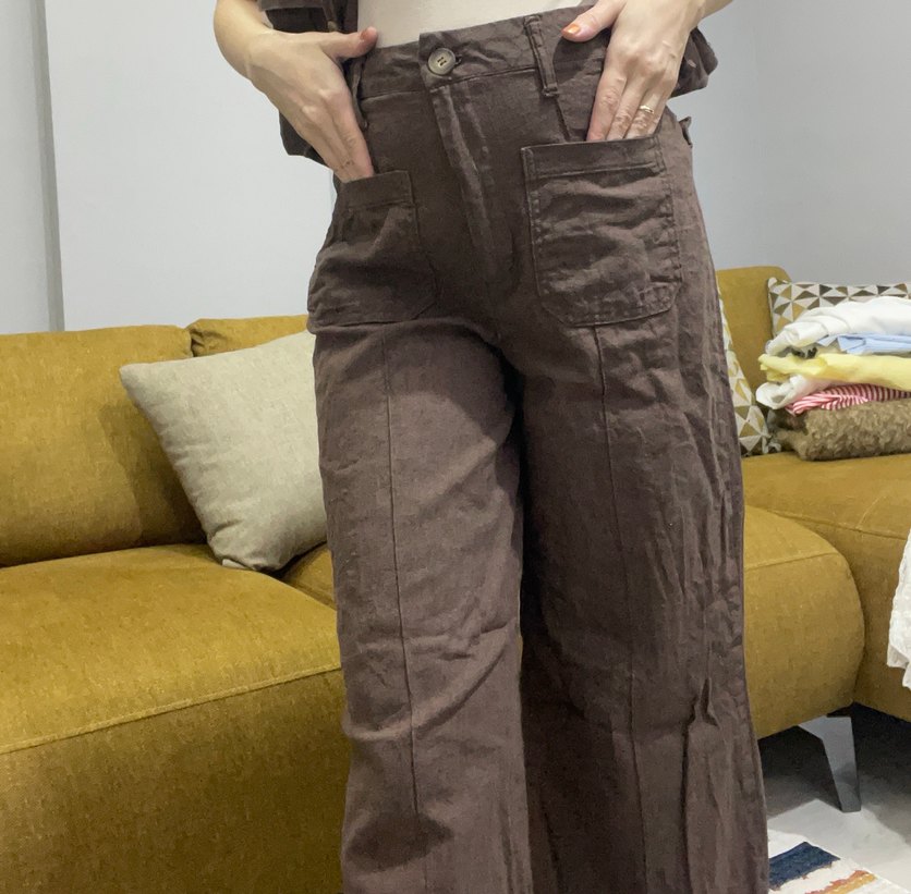 Düğmeli Kahverengi Keten Midi Yelek pantolon takım - Görsel 5