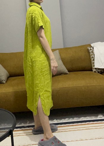 Sarı V Yaka Keten Midi Elbise - Görsel 3