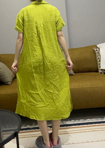 Sarı V Yaka Keten Midi Elbise - Görsel 2