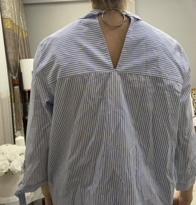 Mavi Çizgili Nakışlı Kadın Gömlek - Görsel 3