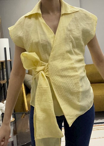 Sarı Keten Drapeli Kolsuz Kadın Gömlek - Görsel 2