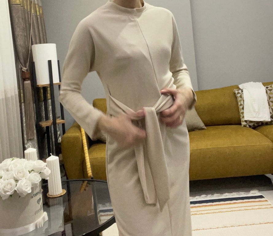 Uzun Kollu Beyaz Keten Uzun Elbise - Görsel 3