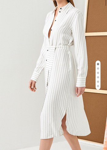 Beyaz Çizgili Kuşaklı Uzun Kadın Elbise - Görsel 3