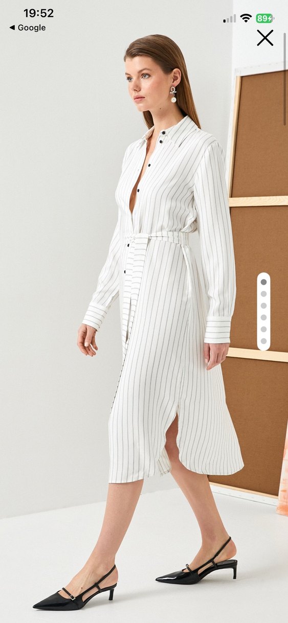 Beyaz Çizgili Kuşaklı Uzun Kadın Elbise - Görsel 3