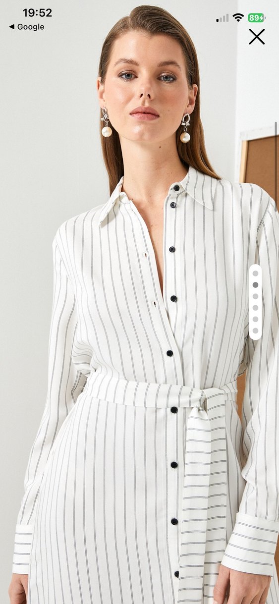 Beyaz Çizgili Kuşaklı Uzun Kadın Elbise - Görsel 2