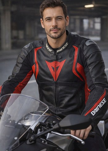 Dainese Siyah Kırmızı Deri Biker Ceket - Görsel 2