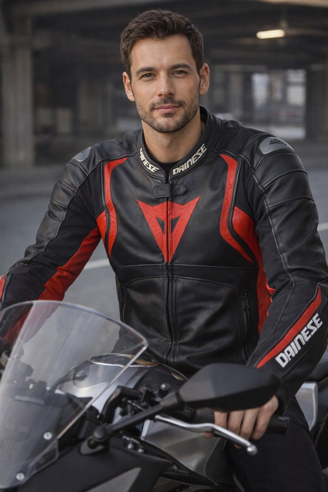 Dainese Siyah Kırmızı Deri Biker Ceket - Görsel 2