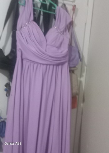 Mor Drapeli Uzun Straplez Kadın abiye yirtmacli - Görsel 2