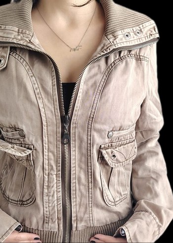 American Vintage Bej Fermuarli Kadin Ceket Y2k Vintage Retro Zip Up Bella Swan 00
