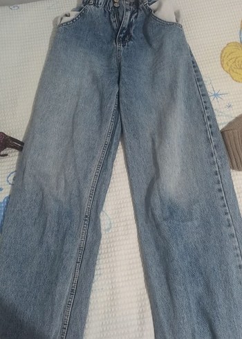 Kadın Mavi Bel Detaylı Bol Kesim Jean