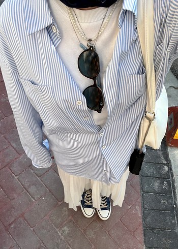 Mavi Çizgili Düğmeli Kadın  Gömlek - Görsel 9