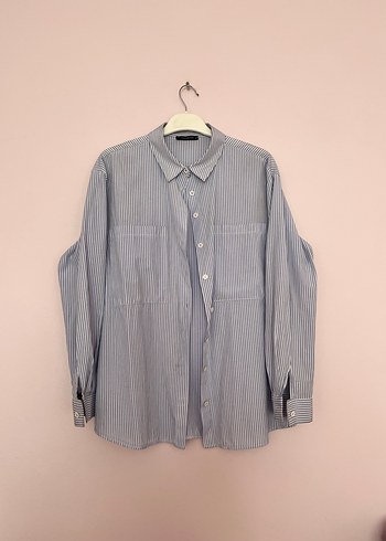 Mavi Çizgili Düğmeli Kadın  Gömlek - Görsel 2