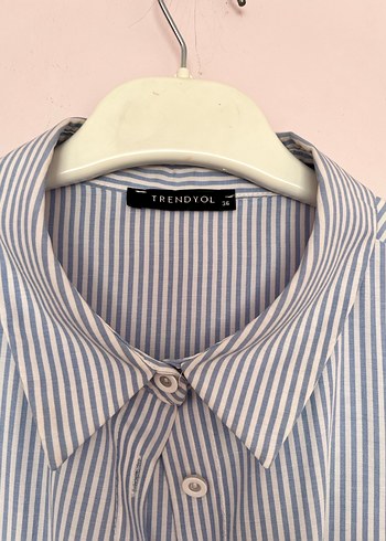 Mavi Çizgili Düğmeli Kadın  Gömlek - Görsel 7