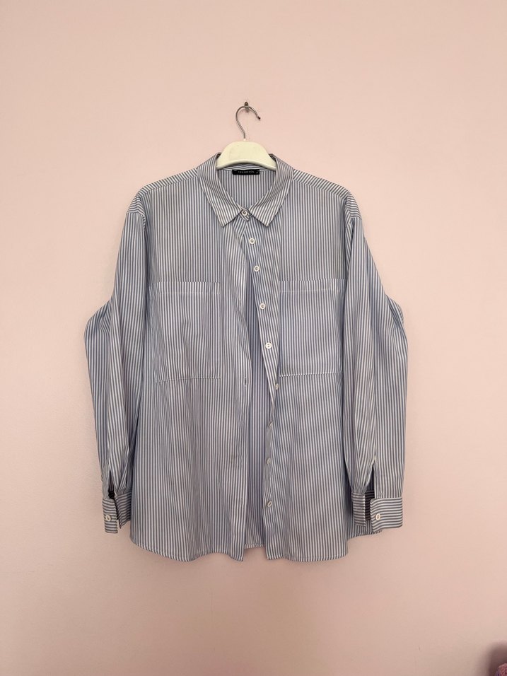 Mavi Çizgili Düğmeli Kadın  Gömlek - Görsel 2