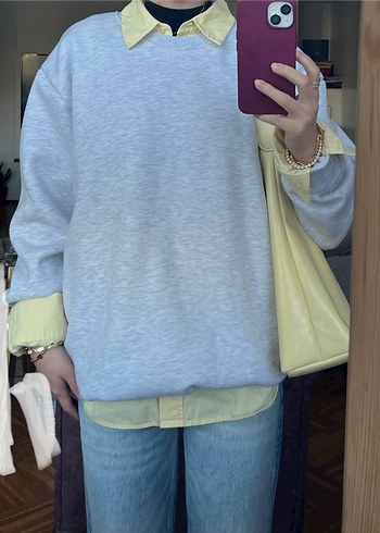 Gri Kadın Sweatshirt, Bisiklet Yaka, Rahat Kesim - Görsel 9