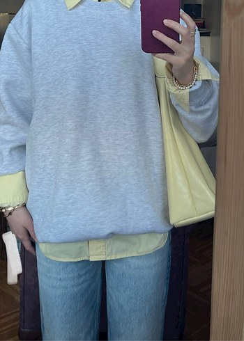 Gri Kadın Sweatshirt, Bisiklet Yaka, Rahat Kesim - Görsel 8