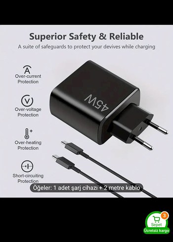 45W Hızlı Şarj Cihazı + 2 Metre Kablo Siyah aciklamayi okuyunuz - Görsel 3