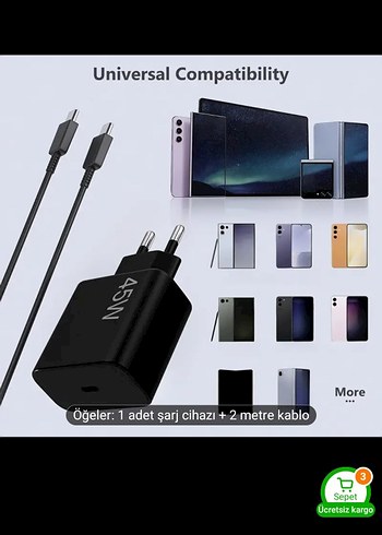 45W Hızlı Şarj Cihazı + 2 Metre Kablo Siyah aciklamayi okuyunuz - Görsel 2