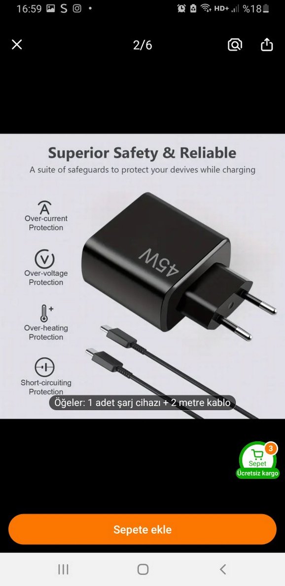 45W Hızlı Şarj Cihazı + 2 Metre Kablo Siyah aciklamayi okuyunuz - Görsel 3